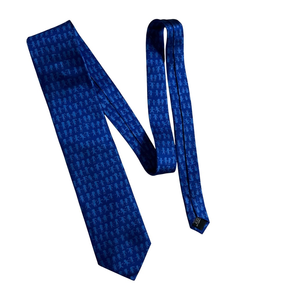 UNICEF United States Fund Mens Silk Tie Blue Children Holding Hands Logo Pattern